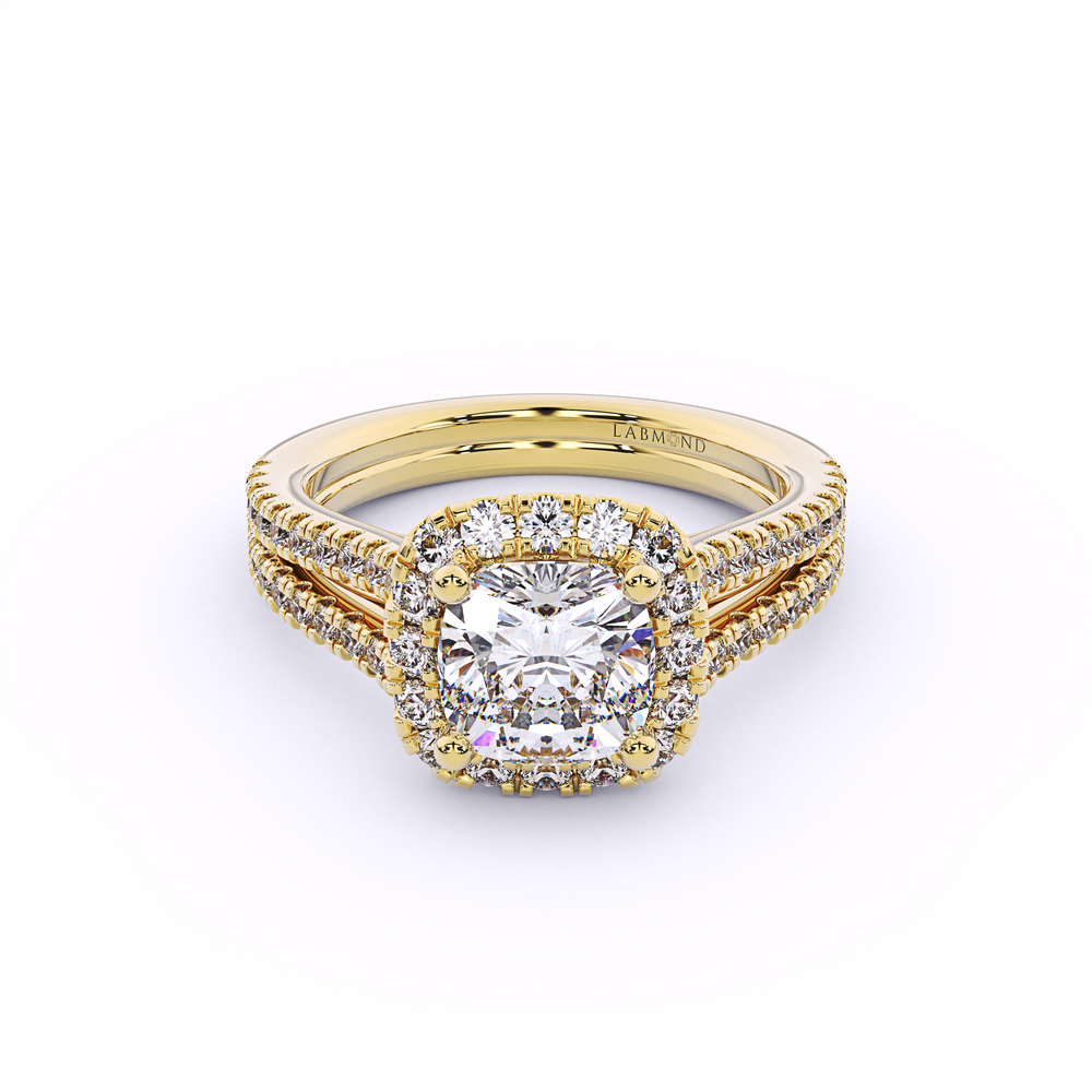 OASIS Double Banded Diamond Cushion Halo Engagement Ring#Yellow_1